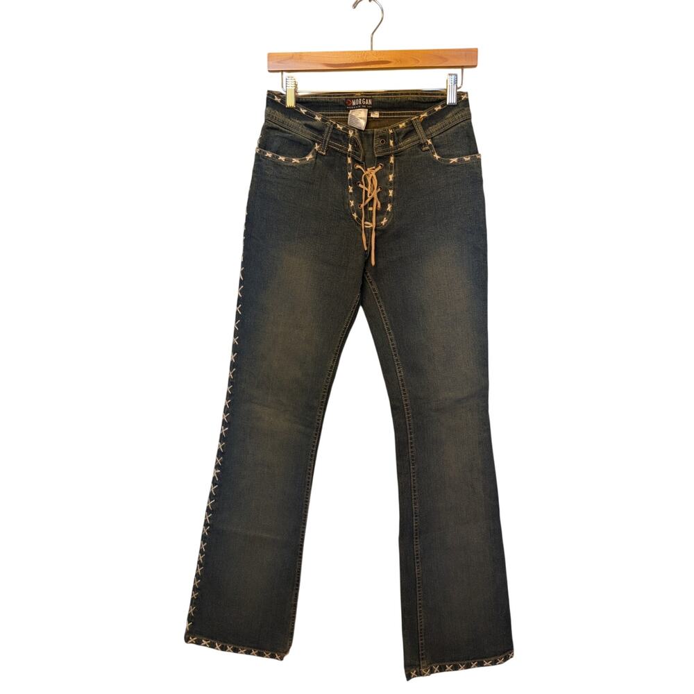 Vintage Y2K Lace Up Whipstitch Flare Jeans Morgan de Toi FR 36 US 4 Mid Rise